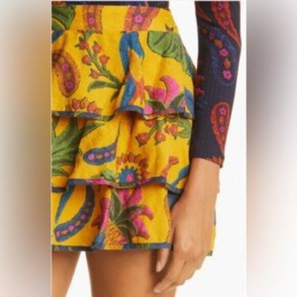 FARM Rio Tropical Tapestry Ruffle Miniskirt in Yellow SZ L NWT - Picture 3 of 8